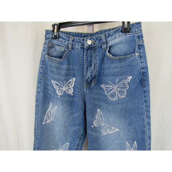 Shein Medium High Waist Butterfly Straight Leg Jeans Medium Blue Denim - Picture 3 of 7